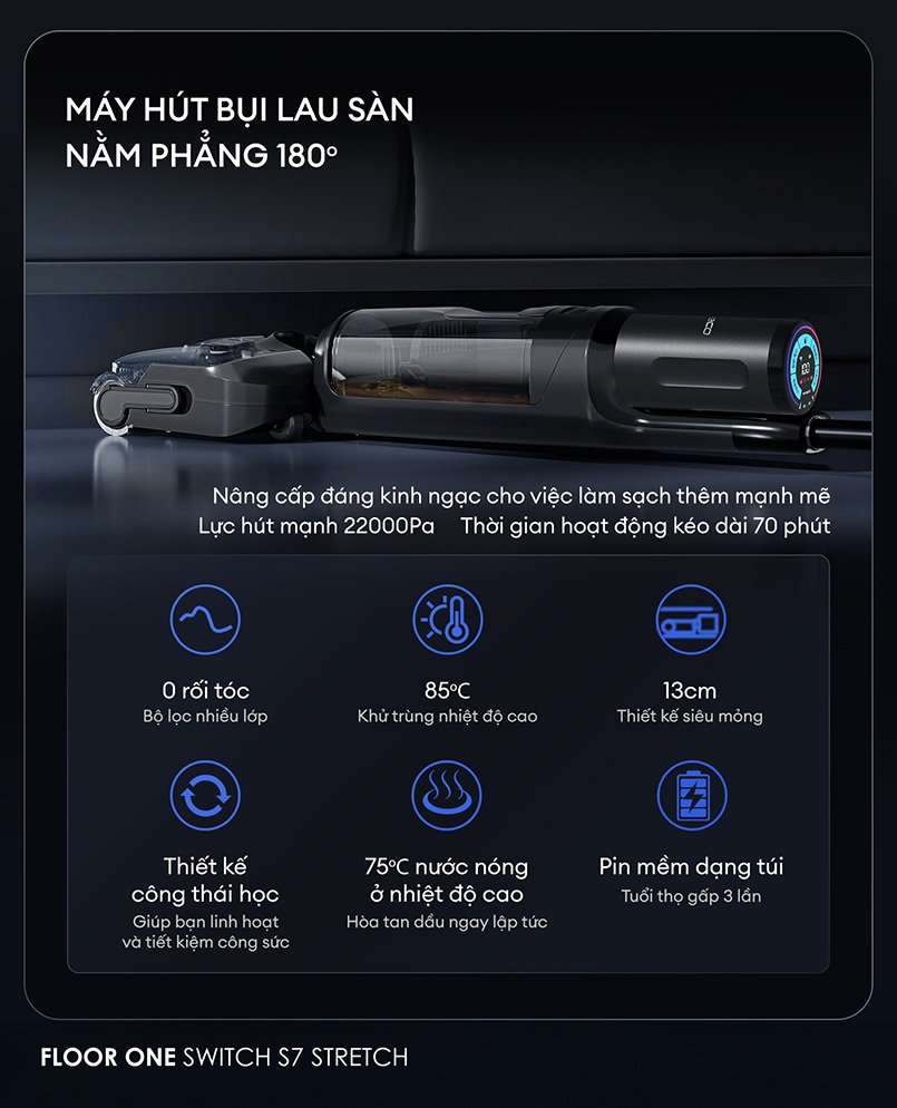 Tineco Switch S7 Stretch gập phẳng 180 độ dày 13cm dọn gầm giường