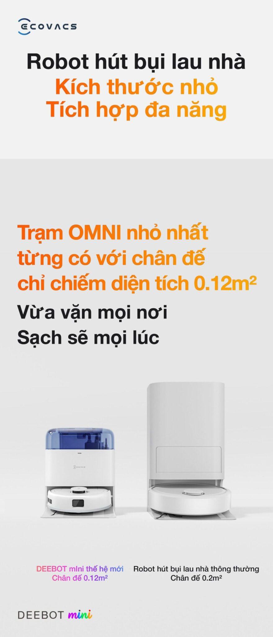 Trạm OMNI mini Ecovacs với tính năng sấy khô khí nóng, thu gom bụi tự động