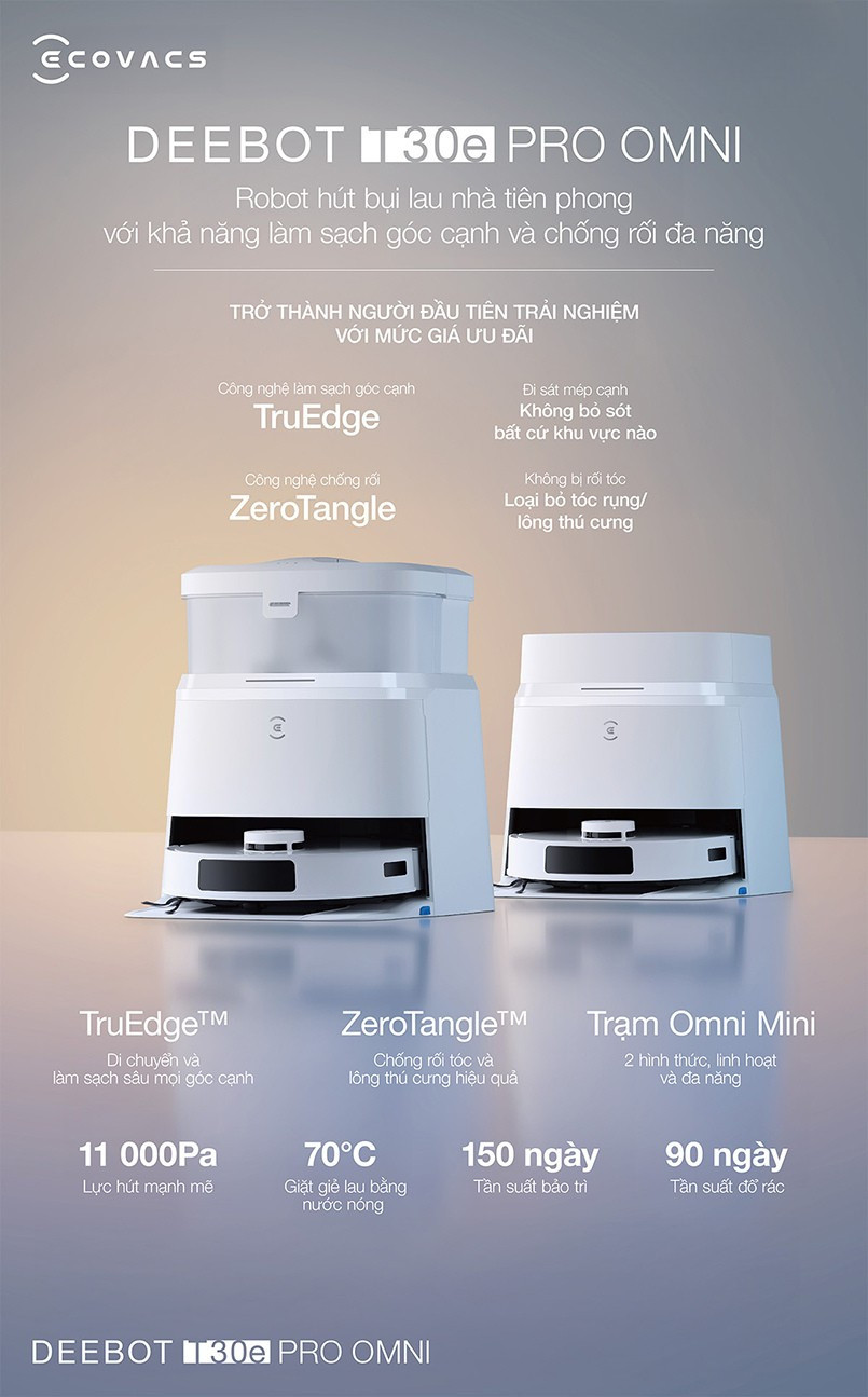 Robot hút bụi lau nhà Ecovacs T30e Pro Omni màu trắng