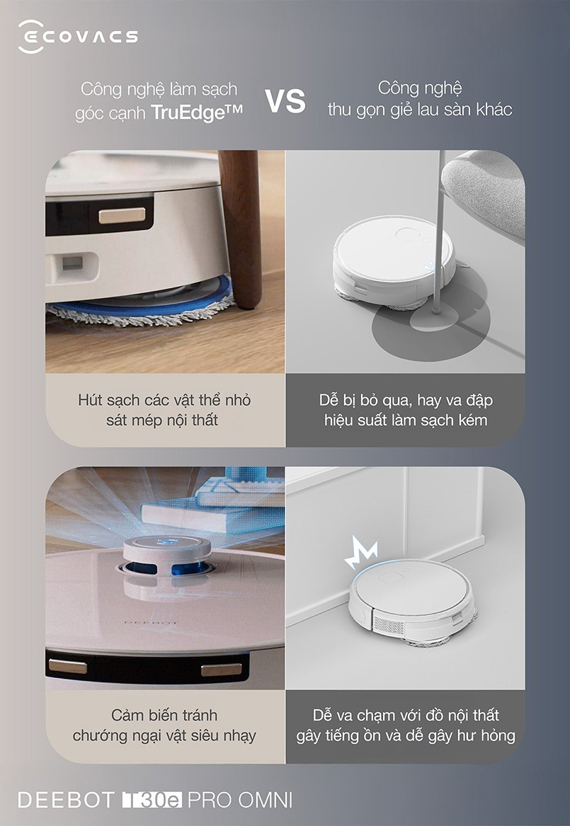 Công nghệ TruEdge Ecovacs T30e Pro Omni làm sạch sát góc tường