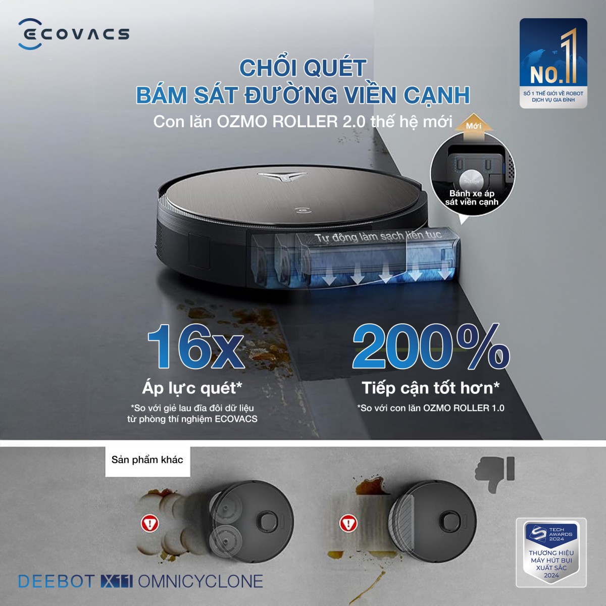 Ecovacs X11 OmniCyclone lau sát mép tường với công nghệ TruEdge 3.0