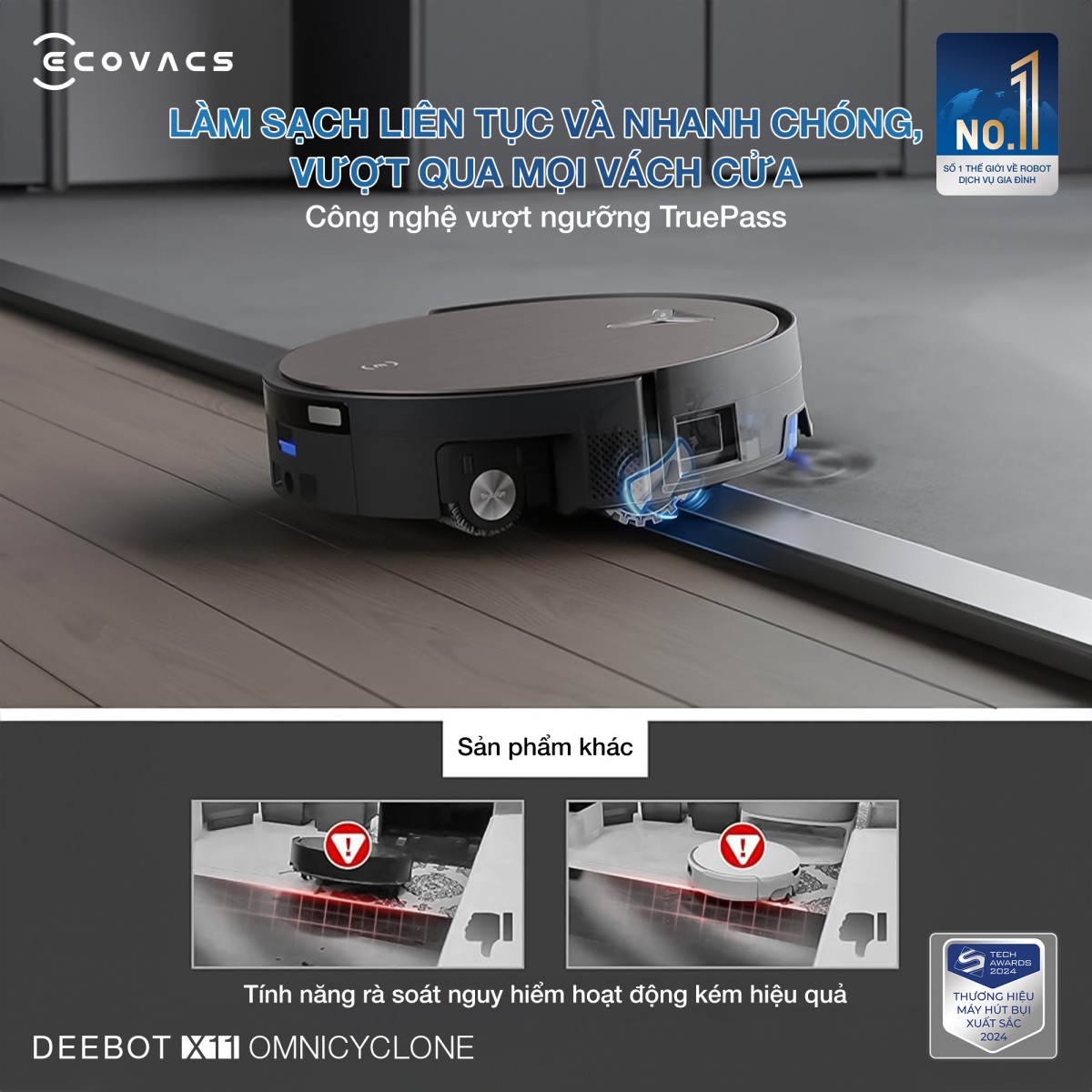 Hệ thống 4 bánh TruePass của Ecovacs X11 OmniCyclone leo ngưỡng 2.4cm