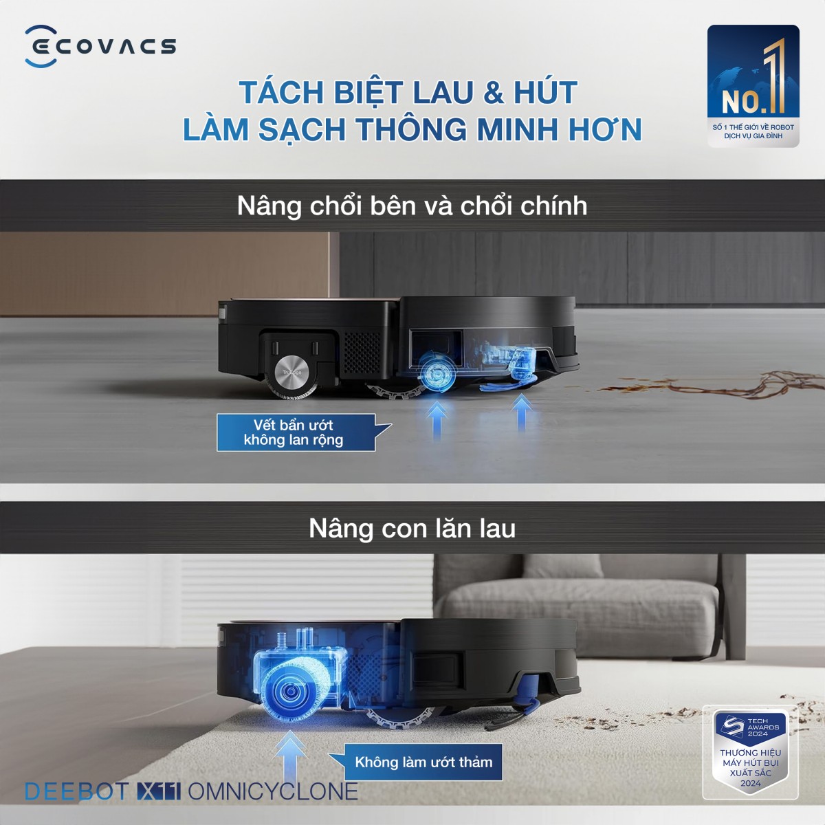 Con lăn OZMO Roller 2.0 áp lực 3800Pa trên Ecovacs X11 OmniCyclone