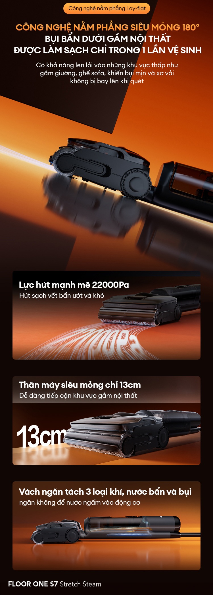 Tineco S7 Stretch Steam thiết kế gập phẳng 180 độ luồn gầm sofa