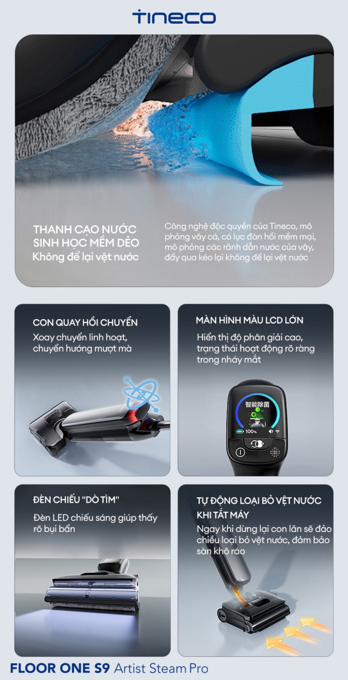 Tineco S9 Stretch Steam Pro màn hình LCD kết nối app