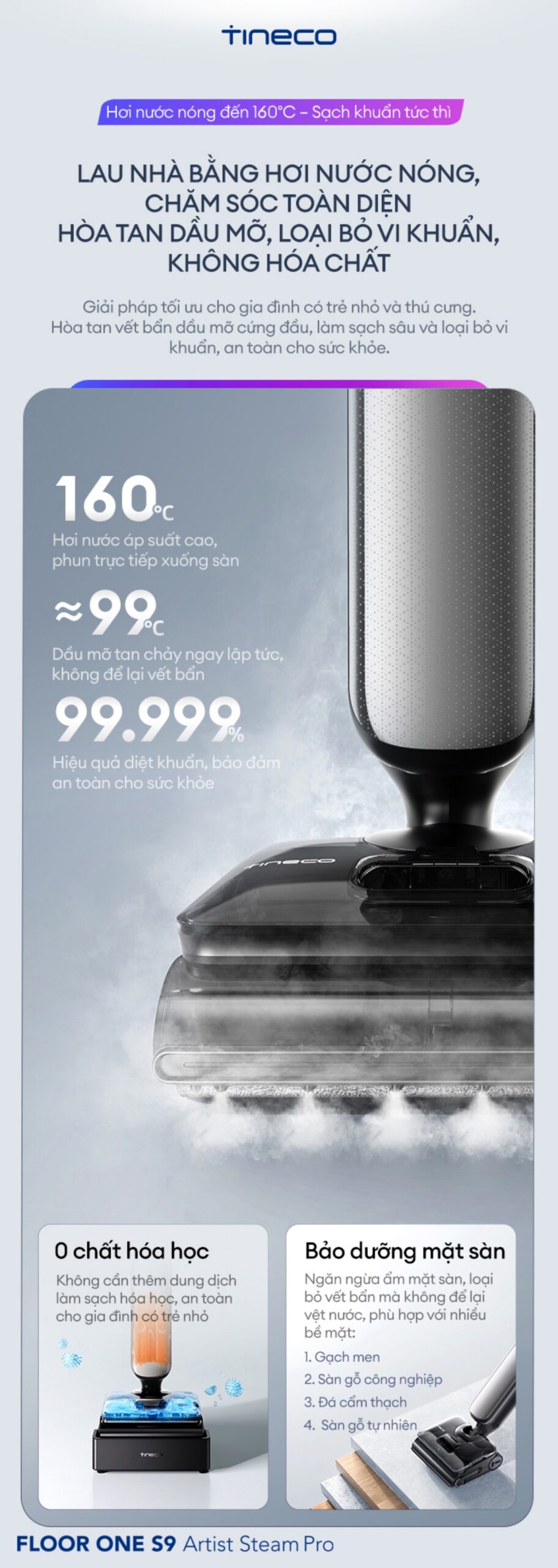 Công nghệ hơi nước HyperSteam 160 độ C Tineco S9 Stretch Steam Pro