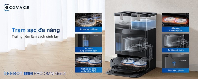 Pin 6400mAh hoạt động 255 phút Ecovacs T50 Pro Omni Gen 2