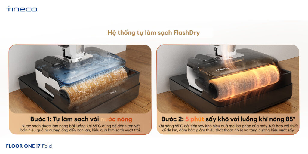 hệ thống FlashDry tự làm sạch Tineco i7 Fold 85 độ C