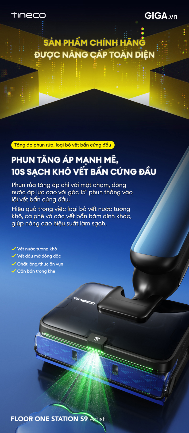 Tineco S9 station có hệ thống phun nước nóng áp suất cao