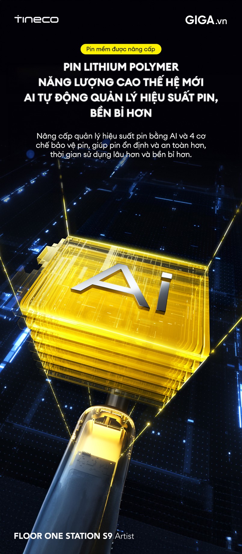 Tineco s9 station có pin được tối ưu hóa giúp lau dọn diện tích lớn