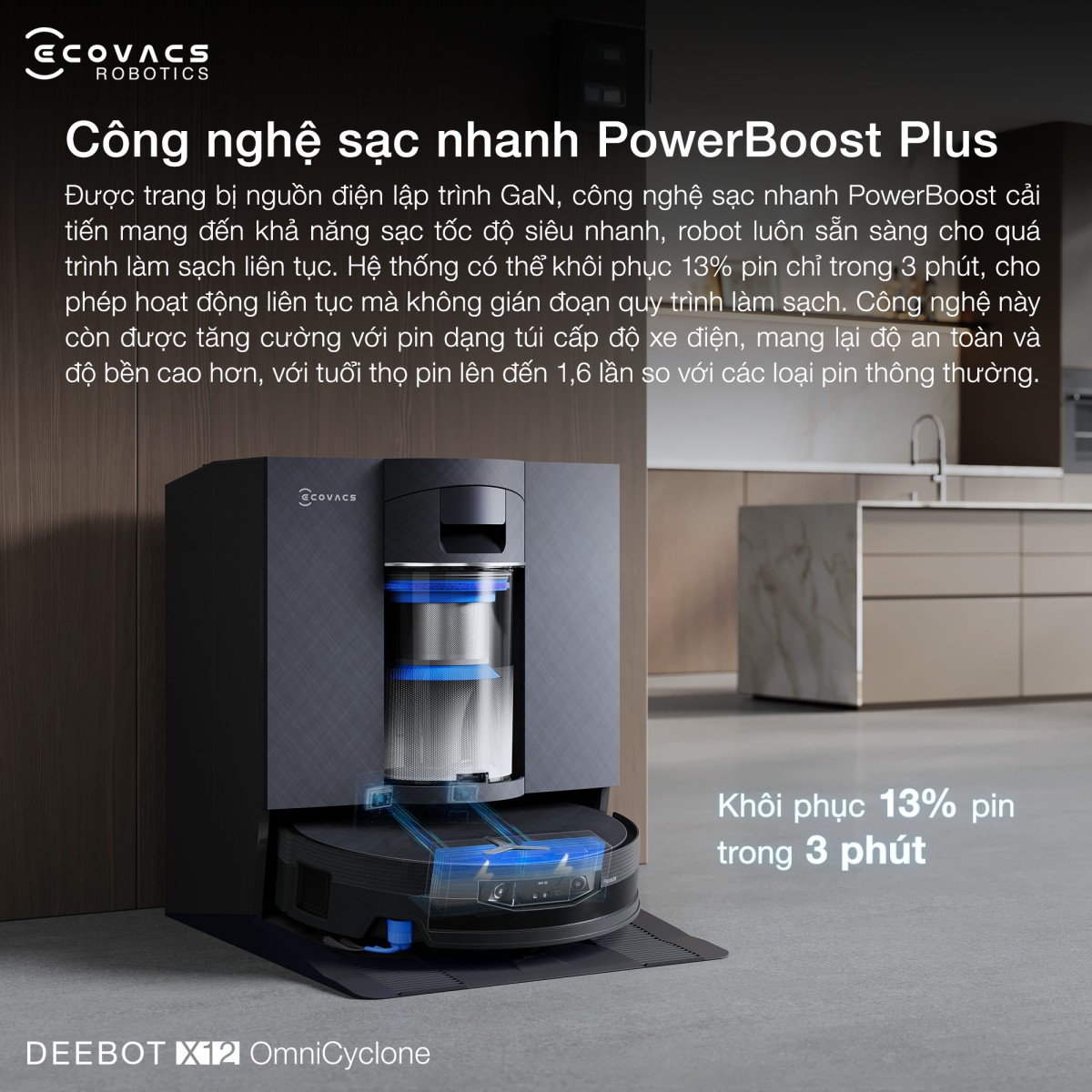 Ecovacs X12 OmniCyclone cùng trạm sạc đa năng