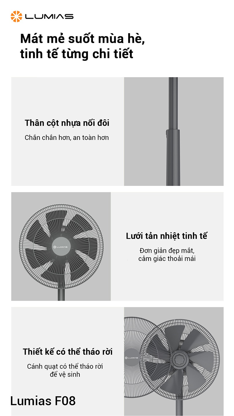 Quạt đứng Lumias F08 để sàn phòng khách góc quét 90 độ