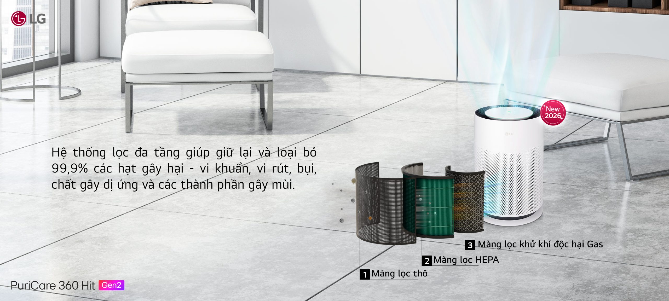 Hệ thống lọc 3 tầng HEPA máy lọc LG PuriCare 360
