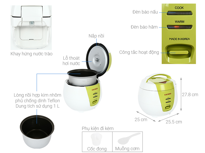 Cuckoo CR-0661/GRVNCV và phụ kiện đi kèm cốc đong, muỗng nhựa